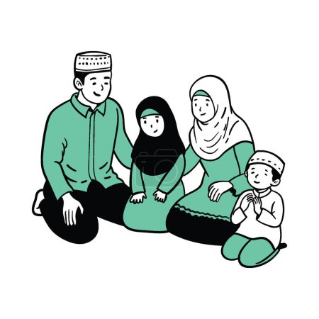 Illustration for Line art vector of praying time in Muslim family during Ramadan. Blessings of fasting and its breaking after evening. Hand drawn vector illustration - Royalty Free Image