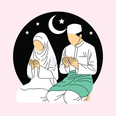Foto de Línea de arte vector de tiempo de oración en la familia musulmana durante el Ramadán. Bendiciones de ayuno y su ruptura después de la noche. Ilustración vectorial dibujada a mano - Imagen libre de derechos