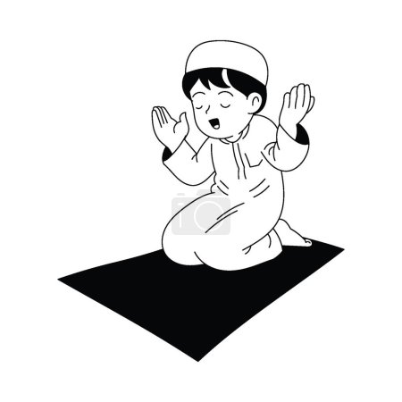 Foto de Línea de arte vector del tiempo de oración en el niño musulmán durante el Ramadán. Bendiciones de ayuno y su ruptura después de la noche. Ilustración vectorial dibujada a mano - Imagen libre de derechos