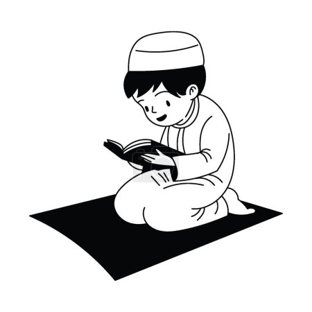 Illustration for Line art vector of praying time in Muslim boy during Ramadan. Blessings of fasting and its breaking after evening. Hand drawn vector illustration - Royalty Free Image