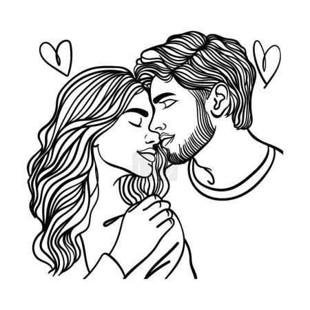 Romantic couples isolated on white background, portraits of man and woman in love hugging, cuddling and kissing. Hand drawn vector illustration for Valentine's day greeting card.