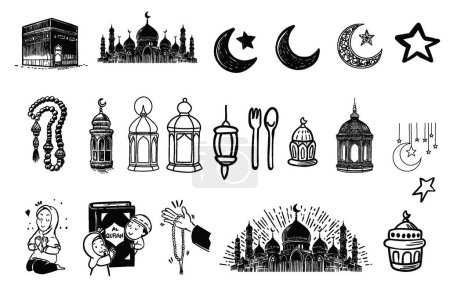 Foto de Ramadán y Eid Al-Fitr dibujaron ilustraciones vectoriales a mano. Los símbolos de la fiesta musulmana - fanático, cuentas de oración, decorativo, comida y bebidas, alfombra de oración. Esquema ilustración vectorial - Imagen libre de derechos