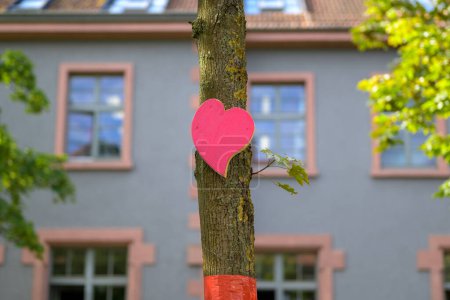 Téléchargez les photos : Gros plan d'un arbre dans la ville avec un coeur rose et un ruban rouge en arrière-plan un bâtiment résidentiel - en image libre de droit