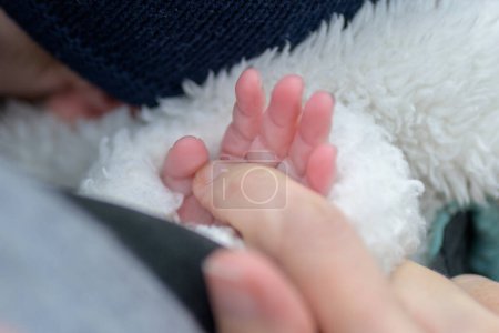 Téléchargez les photos : Extrême gros plan de la main du petit bébé tenant la main des mères avec ses petits doigts en plein air - en image libre de droit