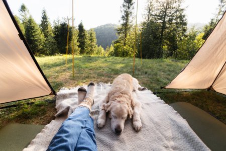 Photo for Festive socks on legs and a cute golden retriever dog on a carpet in tent. Spending time in the mountains. Family relax time. Scandinavian friluftsliv and hygge concept. Atmospheric moments lifestyle. - Royalty Free Image