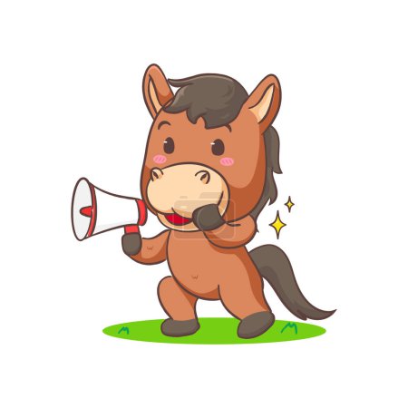 Ilustración de Lindo caballo marrón de dibujos animados con megáfono aislado fondo blanco. Adorable kawaii animal concepto diseño vector ilustración - Imagen libre de derechos