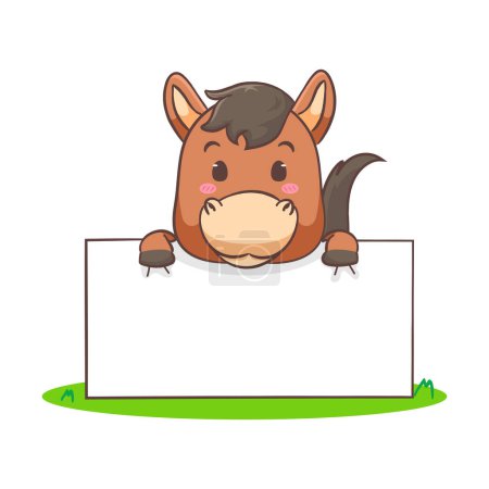 Illustration for Cute brown horse cartoon holding empty board showing thumb up isolated white background. Adorable kawaii animal concept design vector illustration - Royalty Free Image
