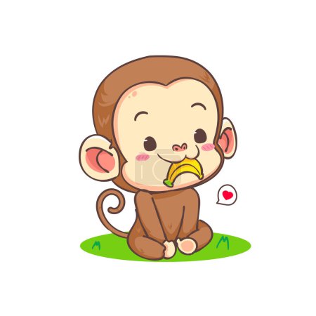 Illustration for Cute monkey eats banana cartoon character. Adorable animal mascot concept design. Isolated white background. Flat Vector illustration - Royalty Free Image