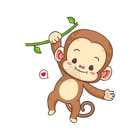 Illustration for Cute monkey hanging cartoon character. Adorable animal mascot concept design. Isolated white background. Flat Vector illustration - Royalty Free Image