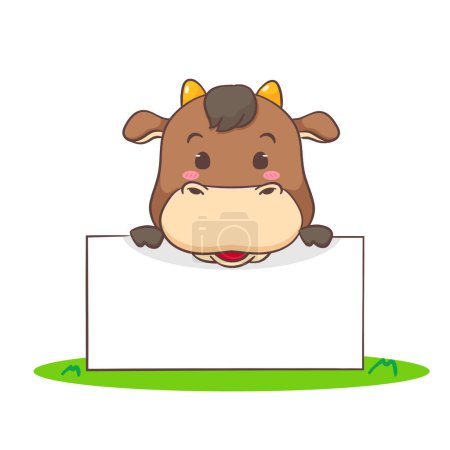 Illustration for Cute Ox holding empty board cartoon character. Adorable animal concept design. Isolated white background. Vector illustration - Royalty Free Image