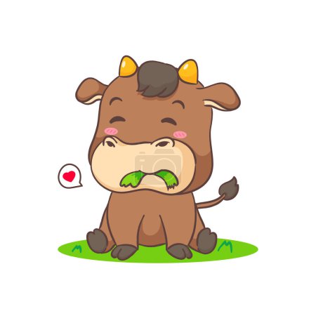 Ilustración de Bonito buey comiendo hierba personaje de dibujos animados. Adorable diseño de concepto animal. Fondo blanco aislado. Ilustración vectorial - Imagen libre de derechos