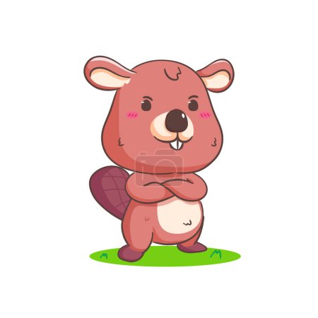 Illustration for Cute Beaver Cartoon Crossed arms Character Mascot vector illustration. Kawaii Adorable Animal Concept Design. Isolated White background. - Royalty Free Image