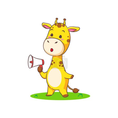 Téléchargez les illustrations : Mignon héros girafe heureux portant manteau rouge personnage de dessin animé sur fond blanc illustration vectorielle. Amusant Adorable conception de concept animal. - en licence libre de droit