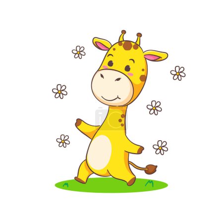 Illustration for Cute happy giraffe hero wearing red cloak cartoon character on white background vector illustration. Funny Adorable animal concept design. - Royalty Free Image