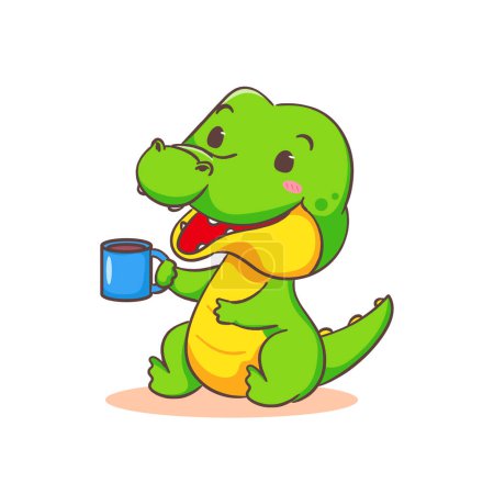 Illustration for Cute crocodile drinking coffee cartoon character on white background vector illustration. Funny Alligator Predator Green Adorable animal concept design. - Royalty Free Image