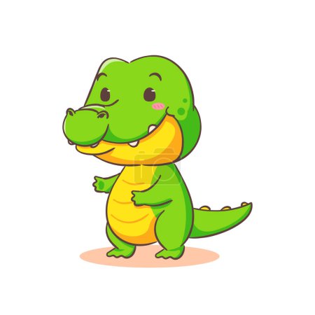 Téléchargez les illustrations : Mignon crocodile heureux personnage de dessin animé debout sur fond blanc illustration vectorielle. Alligator drôle prédateur vert adorable conception de concept animal. - en licence libre de droit
