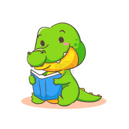 Illustration for Cute crocodile reading book cartoon character on white background vector illustration. Funny Alligator Predator Green Adorable animal concept design. - Royalty Free Image