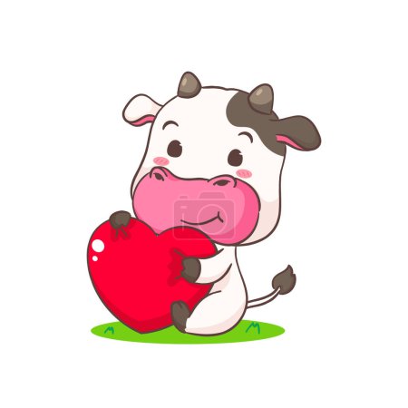 Illustration for Cute cow holding love heart cartoon character. Adorable animal concept design. Isolated white background. Vector illustration - Royalty Free Image