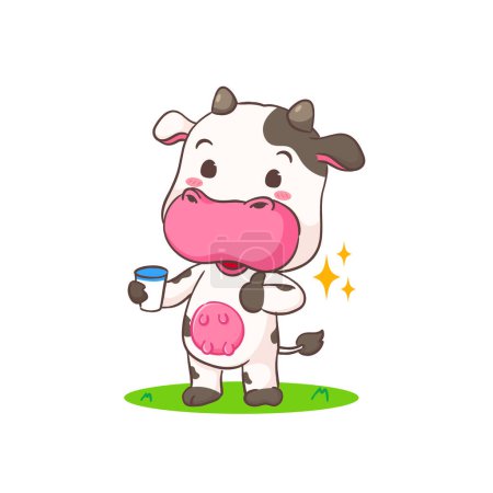 Ilustración de Linda vaca sosteniendo la leche personaje de dibujos animados. Adorable diseño de concepto animal. Fondo blanco aislado. Ilustración vectorial - Imagen libre de derechos