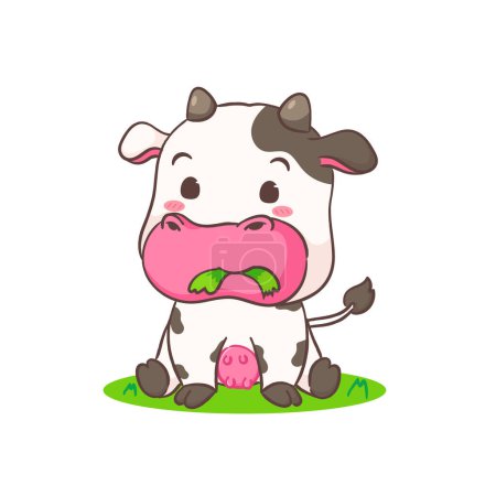 Téléchargez les illustrations : Mignonne vache mangeant personnage de dessin animé herbe. Adorable conception de concept animal. Fond blanc isolé. Illustration vectorielle - en licence libre de droit