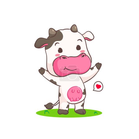 Téléchargez les illustrations : Mignon personnage de dessin animé de vache heureuse. Adorable conception de concept animal. Fond blanc isolé. Illustration vectorielle - en licence libre de droit