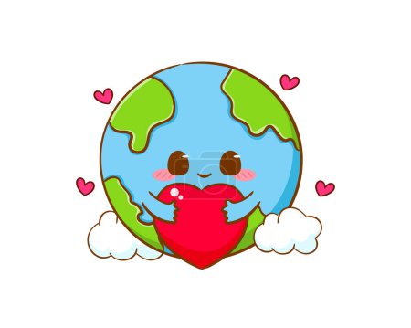 Ilustración de Lindo adorable tierra de dibujos animados abrazos amor corazón. Diseño del concepto del Día Mundial de la Tierra. Clip art de la mascota de Kawaii. ilustración de arte vectorial. - Imagen libre de derechos