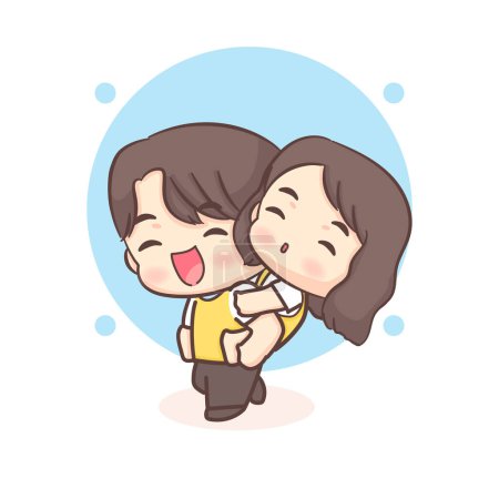 Illustration for Cute Boy Giving His Girlfriend a Piggy Back Ride. Happy valentine chibi lovers couple cartoon character. - Royalty Free Image