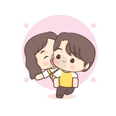 Illustration for Cute Boy Giving His Girlfriend a Piggy Back Ride. Happy valentine chibi lovers couple cartoon character. - Royalty Free Image