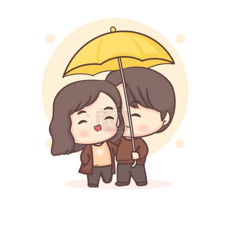 Téléchargez les illustrations : Couple amoureux mignon sous parapluie. Happy Valentine Chibi personnage de dessin animé. - en licence libre de droit