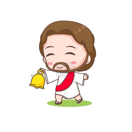 Illustration for Cute Jesus holding golden ring bell. Chibi cartoon character isolated white background. - Royalty Free Image