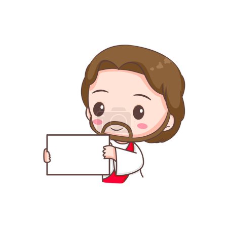 Illustration for Cute Jesus holding empty board. Chibi cartoon character isolated white background. - Royalty Free Image