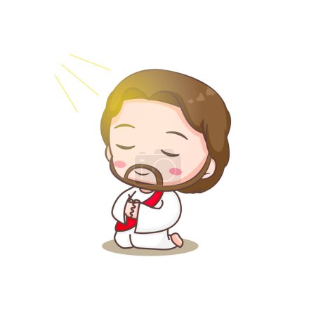 Illustration for Cute Jesus kneeling and praying. Chibi cartoon character isolated white background. - Royalty Free Image