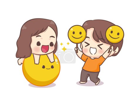 Téléchargez les illustrations : Couple amoureux mignon avec icône sourire personnage de dessin animé chibi. Joyeuse Saint Valentin - en licence libre de droit