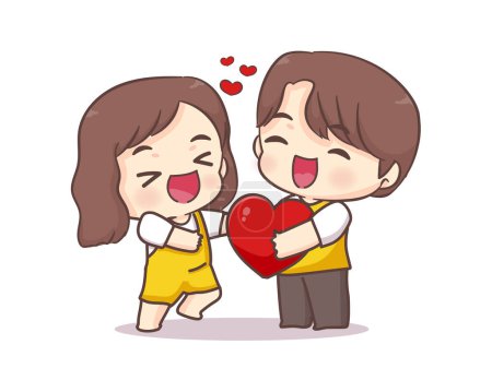 Illustration for Cute lovers couple greeting pose. Boy giving red love heart. Happy valentine chibi cartoon character. - Royalty Free Image