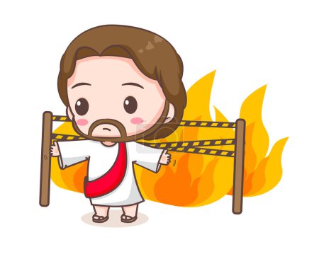 Illustration for Jesus Christ protects from fire cartoon character. Cute mascot illustration. Isolated white background. Biblical story Religion and faith. - Royalty Free Image