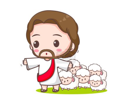 Illustration for Jesus Christ protects the sheep cartoon character. Cute mascot illustration. Isolated white background. Biblical story Religion and faith. - Royalty Free Image