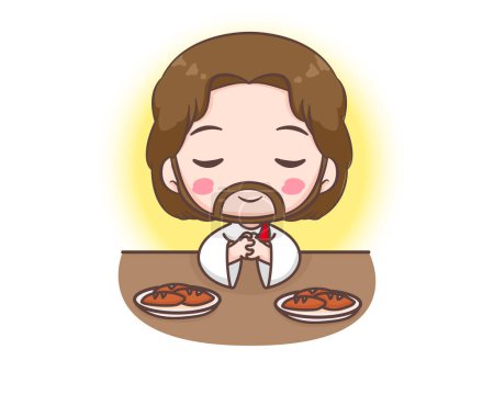 Illustration for Jesus Christ prays to eat cartoon character. Jesus bless the bread Cute mascot illustration. Isolated white background. Biblical story Religion and faith. - Royalty Free Image