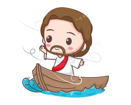 Illustration for Jesus Christ protecting ship from storm lightning thunder waves cartoon character. Cute mascot illustration. Isolated white background. Biblical story Religion and faith. - Royalty Free Image