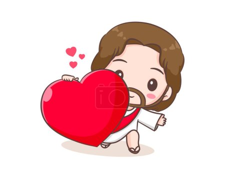 Illustration for Jesus Christ with big love heart cartoon character. Cute mascot illustration. Isolated white background. Biblical story Religion and faith. - Royalty Free Image
