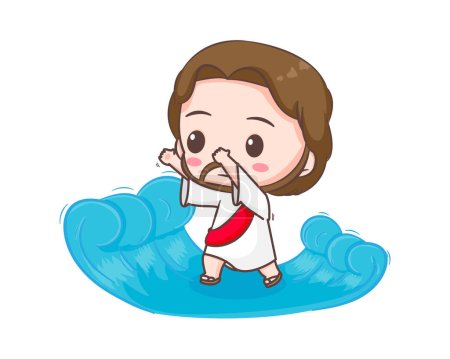 Illustration for Jesus Christ walking on the water cartoon character. Cute mascot illustration. Isolated white background. Biblical story Religion and faith. - Royalty Free Image