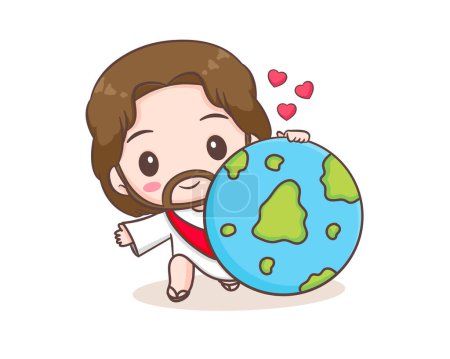 Illustration for Jesus Christ loves world cartoon character. Cute mascot illustration. Isolated white background. Biblical story Religion and faith. - Royalty Free Image