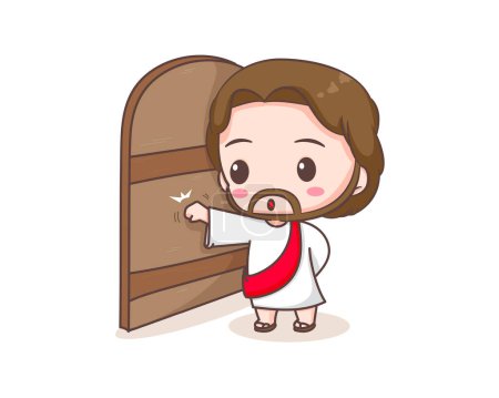 Illustration for Jesus Christ knocking the door cartoon character. Cute mascot illustration. Isolated white background. Biblical story Religion and faith. - Royalty Free Image