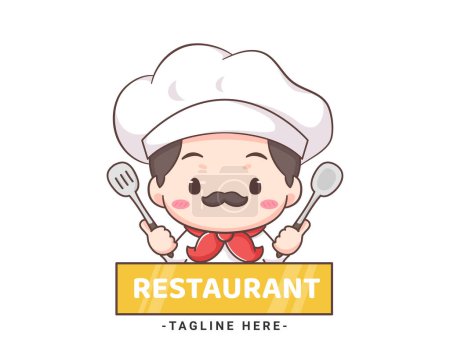 Ilustración de Lindo personaje de dibujos animados logotipo del chef mascota. Chef sosteniendo espátula. Concepto del icono de la comida de la gente aislado en blanco. - Imagen libre de derechos