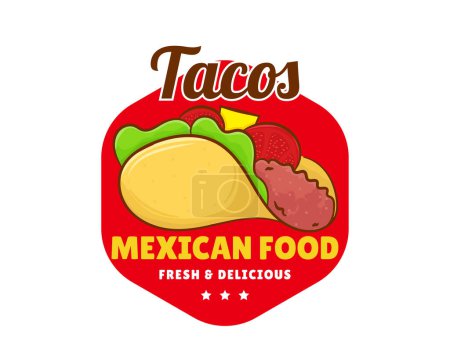 Téléchargez les illustrations : Taco à la viande et aux légumes. Fast-food mexicain traditionnel latino-américain. Tacos logo icône autocollant concept alimentaire. Vintage style de dessin animé plat rétro. Cinco de mayo - en licence libre de droit