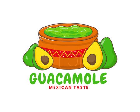 Ilustración de Logotipo de dibujos animados Guacamole. Un tazón de salsa de guacamole. Comida callejera tradicional mexicana. Arte vectorial carácter adorable. - Imagen libre de derechos