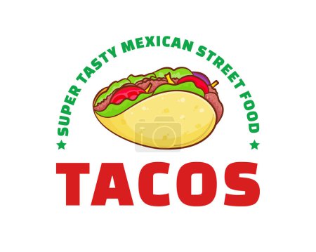 Téléchargez les illustrations : Taco à la viande et aux légumes. Fast-food mexicain traditionnel latino-américain. Tacos logo icône autocollant concept alimentaire. Vintage style de dessin animé plat rétro. Cinco de mayo - en licence libre de droit