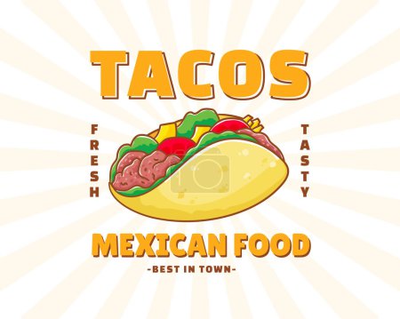 Téléchargez les illustrations : Taco à la viande et aux légumes. Fast-food mexicain traditionnel latino-américain. Tacos logo icône autocollant concept alimentaire. Vintage style de dessin animé plat rétro. - en licence libre de droit