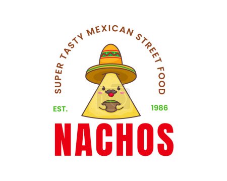Téléchargez les illustrations : Logo dessin animé Nachos vintage rétro. De la nourriture mexicaine. Cuisine de rue traditionnelle. Mignon adorable concept de personnage de la nourriture. Les nachos portent un chapeau sombrero avec de la sauce guacamole. Illustration d'art vectoriel - en licence libre de droit