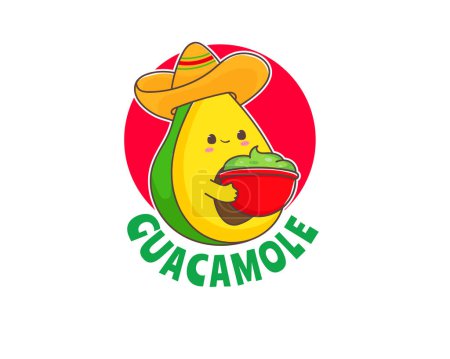 Ilustración de Logotipo de dibujos animados Guacamole. Lindo aguacate usa sombrero sombrero con salsa de guacamole. Comida callejera tradicional mexicana. Arte vectorial carácter adorable. - Imagen libre de derechos