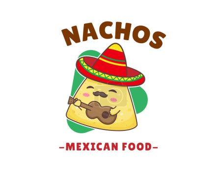 Téléchargez les illustrations : Logo de dessin animé Nachos. Cuisine de rue traditionnelle mexicaine. Mignon adorable concept de personnage de la nourriture. Nachos porte un chapeau sombrero jouant de la guitare. Illustration d'art vectoriel - en licence libre de droit